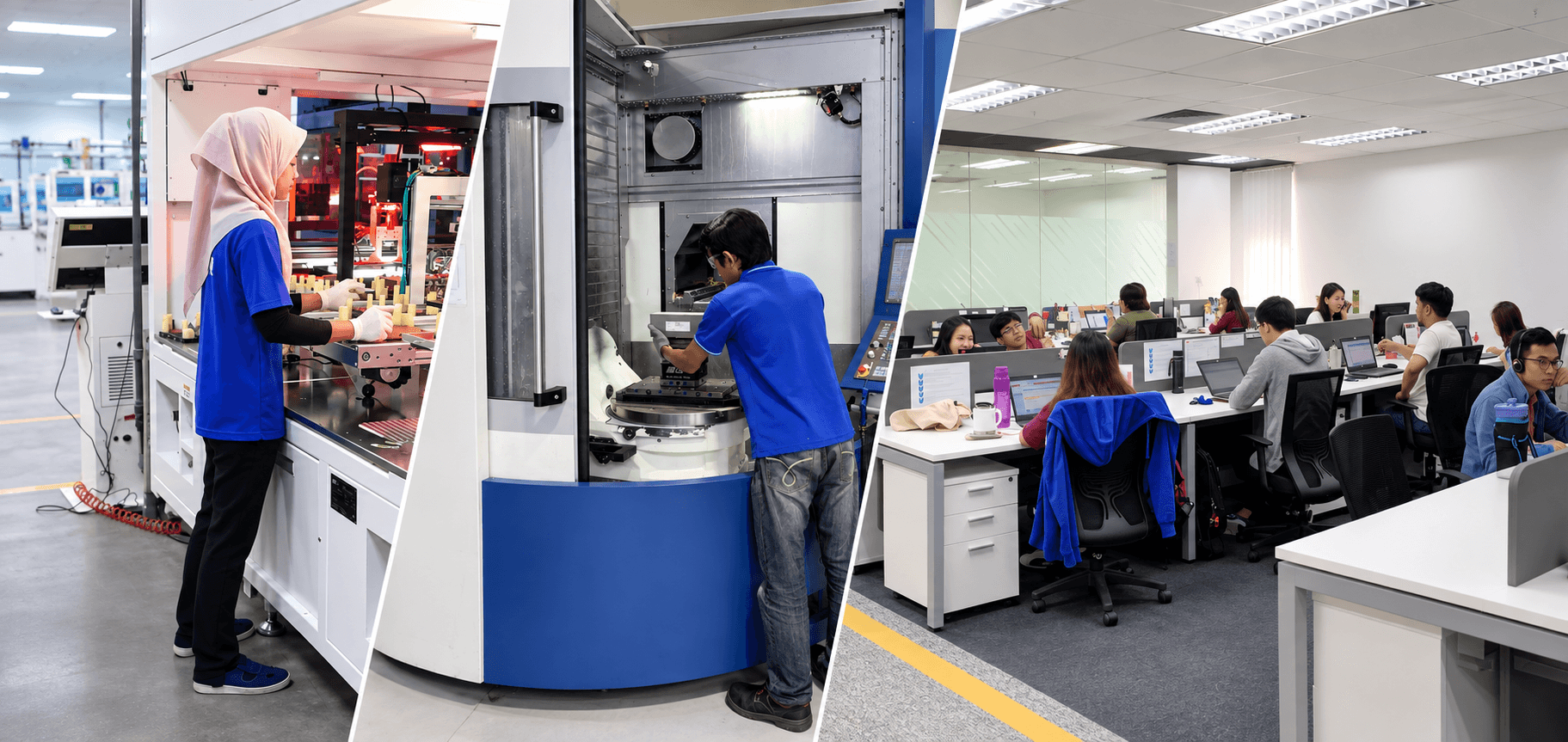 MESH ergonomics and workplace safety teams at work — electronics assembly, machining, and office operations in Malaysia
